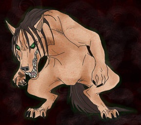 brown_hair claws featureless_crotch feral green_eyes hair paws semi-anthro sharp_teeth teeth mizzkie attack_on_titan eren_jaeger canid canine canis mammal monster titan_(attack_on_titan) wolf 2014