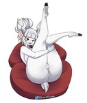 anthro anus bean_bag breasts butt cloven_hooves female fur genitals hair hooved_plantigrade hooved_toes hooves horn lying nude on_back open_mouth plantigrade ponytail pussy red_eyes simple_background smile solo white_background white_body white_fur white_hair brocksnfumiko helltaker goat_lucifer_(helltaker) bovid caprine goat mammal absurd_res hi_res