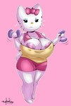 anthro areola areola_slip big_breasts bottomwear bow_(feature) bow_accessory breasts cleavage clothed clothing dumbbell female fur hotpants looking_at_viewer nipples shirt shorts simple_background solo thick_thighs topwear unimpressed weights white_body white_fur nehmkey hello_kitty_(series) sanrio hello_kitty_(character) domestic_cat felid feline felis mammal 2023 digital_media_(artwork) hi_res