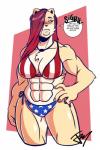 abs american_flag_bikini bikini blush breasts clothing dialogue female flag_bikini muscular muscular_female solo swimwear text two-piece_swimsuit kingjaguar kaylee_(jwinkz) felid lion mammal pantherine absurd_res english_text hi_res