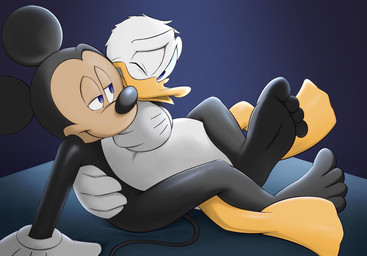 ambiguous_penetration anthro black_body cuddling duo feet foot_fetish foot_focus grinding humanoid_feet male male/male penetration plantigrade white_body mickeyryona disney donald_duck mickey_mouse anatid anseriform avian bird duck mammal mouse murid murine rodent hi_res