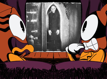 alcohol alcohol_bottle anthro beer beer_bottle beverage beverage_bottle bottle cartoon_gloves chattering_teeth container curtains duo female for_a_head horror_movie male male/female movie_screen movie_theater pie_cut_eyes rubberhose screencap screencap_background simple_background toony crazy_8_animations nosferatu count_orlok gin_brixton mr_gigglewater humanoid object_head vampire shaded simple_shading