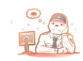 anthro biped clothed clothing dessert doughnut electronics food hat headgear headwear male monitor pastry police police_uniform sitting solo uniform dona908 canid canine mammal hi_res