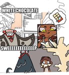 :3 anthro candy chocolate dessert duo female food humor male pupils slit_pupils text white_chocolate thetruecourtesy nintendo splatoon big_man_(splatoon) cephalopod humanoid marine mollusk octarian octoling english_text