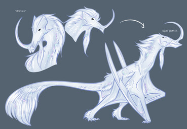 ambiguous_gender arm_tuft beak beard cheek_horn claws curved_horn elbow_tuft facial_hair facial_horn feral folded_wings horn iridescent long_horn long_neck long_tail mane membrane_(anatomy) membranous_wings nose_horn quadruped simple_background solo standing tail tail_tuft text tuft white_body wings conditional_dnp moonlit-comet mythology dragon mythological_creature mythological_scalie prehistoric_species pterosaur reptile scalie english_text hi_res model_sheet
