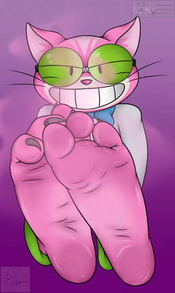 3_toes anthro barefoot black_claws bodily_fluids bottomwear bow_tie claws clothing coat eyewear feet foot_focus fur glasses green_bottomwear green_clothing green_eyewear green_glasses green_pants lab_coat looking_at_viewer male pants pink_body pink_fur pink_nose plantigrade shirt sitting smile smiling_at_viewer soles solo steam steamy_feet sweat sweaty_feet teeth toe_claws toes topwear whiskers white_clothing white_shirt white_topwear wrinkled_feet wrinkles coyocislav skonczonyidiota saints_row professor_genki domestic_cat felid feline felis mammal hi_res