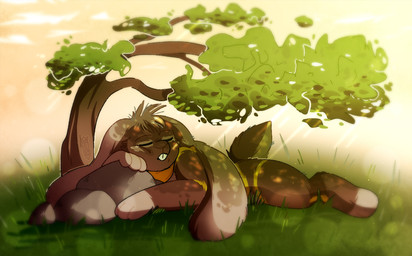 brown_body brown_fur clothing cloud eyes_closed fur grass kerchief light light_beam plant rock sleeping solo sunbeam sunlight sunset tail teeth tree crownedvictory lagomorph leporid mammal rabbit 2019 digital_drawing_(artwork) digital_media_(artwork) hi_res shaded