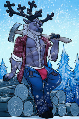 anthro antlers axe belt body_hair bottomwear bulge chest_hair clothed clothing denim denim_bottomwear denim_clothing detailed_bulge forest happy_trail horn jeans jockstrap leaning looking_at_viewer lumberjack male melee_weapon muscular muscular_anthro muscular_male nipples open_mouth outside pants partially_clothed pecs plant pose snow solo tree underwear undressing weapon weapon_on_shoulder winter tsaiwolf jack_(thundergrey) deer mammal new_world_deer reindeer 2:3 hi_res pinup