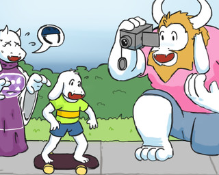 anthro armor barefoot beard blonde_hair bodily_fluids breasts camera eyes_closed facial_hair family feet female fur group hair headgear helmet holding_camera holding_object horn male mature_anthro mature_female mature_male open_mouth outside plant shrub skateboard skateboarding sky smile speech_bubble sweat vehicle white_body white_fur worried young young_anthro young_male gud undertale undertale_(series) asgore_dreemurr asriel_dreemurr toriel boss_monster_(undertale) bovid caprine goat mammal 2015 5:4 digital_media_(artwork) father_(lore) mother_(lore) parent_(lore) son_(lore)