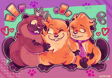accessory ambiguous_gender bodily_fluids brown_body brown_ears brown_fur brown_nose brown_paws brown_tail buckteeth countershade_fur countershading crown featureless_crotch feral flying_sweatdrops footprint fur group hand_on_chest head_tuft headgear heart_(marking) male markings necktie on_hind_legs one_eye_closed open_mouth open_smile pawprint pupils purple_necktie quadruped small_pupils smile sweat sweatdrop tail tan_body tan_fur teeth trio tuft wink lemonnere disney hoppers_(disney) pixar jerry_generazzo king_george_(hoppers) mabel_tanaka beaver mammal rodent 2026 digital_media_(artwork)