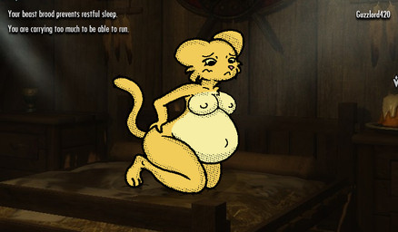 3d_background anthro belly big_belly breasts female fur gameplay_mechanics nipples nude pregnant pregnant_anthro pregnant_female solo text yellow_body yellow_fur guzzlord420 microsoft prequel_adventure the_elder_scrolls katia_managan felid khajiit mammal artist_name english_text