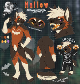 4_toes 5_fingers anthro arm_tuft back_tuft black_claws black_eyebrows black_nose brown_body brown_fur brown_tail butt cheek_tuft chest_tuft chibi claws clothing color_swatch costume elbow_tuft eyebrows eyes_closed facial_tuft fangs featureless_crotch feet finger_claws fingers front_view fur gender_symbol hair hand_on_hip male male_symbol mask messy_hair neck_tuft open_mouth orange_eyes orange_pawpads orange_tongue pawpads pose purple_eyes rear_view red_body red_fur short_hair solo symbol tail teeth text toes tongue tuft white_body white_fur white_hair white_tail yellow_sclera princelykaden hallow_(cybercrimepunk) canid canine canis domestic_dog german_shepherd herding_dog husky hybrid mammal nordic_sled_dog pastoral_dog spitz english_text hi_res