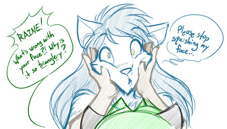 anthro dialogue duo ellipsis exclamation_point female fur green_hair grey_hair hair interrobang pink_nose question_mark simple_background speech_bubble text white_background yellow_eyes conditional_dnp tom_fischbach twokinds karen_taverndatter raine_silverlock canid canine canis keidran mammal wolf english_text sketch