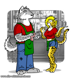 3_toes 4_fingers alcohol anthro apron bar barefoot beer_mug beverage blonde_hair blue_eyes bottomwear breasts cleavage clothed clothed_anthro clothed_female clothed_male clothing duo feet female fingers fully_clothed fully_clothed_anthro fully_clothed_female fully_clothed_male fur gesture hair hand_gesture holding_object inner_ear_fluff inside looking_at_another male markings multicolored_body multicolored_fur navel pants photo_background pointing pointing_back shirt shorts spots spotted_body spotted_fur toes topwear tuft two_tone_body two_tone_fur doc_nickel the_whiteboard cassiopeia_(the_whiteboard) howie_(the_whiteboard) canid canine canis cheetah felid feline mammal wolf 2026 mixed_media photography_(artwork)