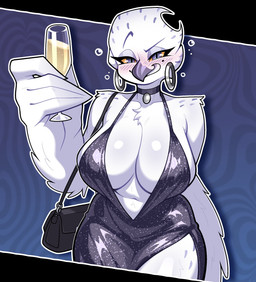 abstract_background anthro beak bedroom_eyes beverage big_breasts blue_eyes breasts bubble champagne_glass cleavage clothed clothing cocktail_dress container cup deep_cleavage dress drinking_glass drunk drunk_bubble ear_piercing ear_ring eyebrows eyelashes feather_hands feathers female glass glass_container glass_cup hair handbag holding_glass holding_object hoop_ear_ring huge_breasts looking_at_viewer narrowed_eyes piercing ring_piercing seductive short_hair smile solo standing substance_intoxication white_body white_feathers white_hair yellow_sclera budoti vice_(budoti) avian bird horned_owl owl snowy_owl true_owl 2025 absurd_res hi_res