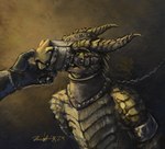 angry anthro bound chain chained clothing collar cuff_(restraint) dungeon glaring gloves hands_behind_back handwear iron_collar iron_cuffs kneeling leather leather_clothing leather_gloves leather_handwear male metal_collar metal_cuffs muzzle_(object) prisoner restraints shackles submissive submissive_male villainous drangir mythology dragon mythological_creature mythological_scalie reptile scalie hi_res