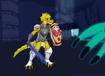 anthro armor boots bottomless breastplate cave clothed clothing fight footwear gauntlets genitals gloves handwear holding_object holding_shield holding_weapon kubold male nude pauldron penis shield shoes solo tail weapon yellow_body fyreblazes atlyss ghost kobold scalie spirit hi_res