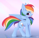 blue_body blush butt equid equine feral friendship_is_magic hasbro hi_res looking_at_viewer mammal my_little_pony mythological_creature mythological_equine mythology omiart pegasus purple_eyes rainbow_dash_(mlp) side_view smile solo tail tongue tongue_out wings