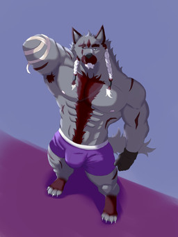 anthro bandage bandaged_arm barazoku bottomwear braided_hair bulge clothing facial_markings fur gloves grey_body grey_fur hair handwear head_markings leonpepperwolf looking_at_viewer male markings mature_anthro mature_male muscular muscular_anthro muscular_male purple_bottomwear purple_clothing purple_shorts raised_arm red_body red_fur scar serious_expression shorts simple_background snout solo standing mythology endeavor canid canine canis mammal mythological_canine mythological_creature red_wolf werecanid werecanine werecreature werewolf wolf 3:4 absurd_res colored digital_media_(artwork) hi_res shaded