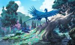 ambiguous_gender blue_body blue_feathers blue_fur day detailed_background feathered_wings feathers feral fur grass hooves outside plant sky solo standing wings clockbirds felid feline hybrid mammal 2022 digital_media_(artwork) hi_res