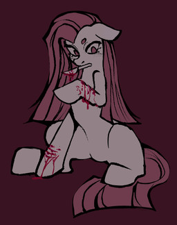 blood blood_drip blood_on_hand bodily_fluids dripping female feral fur hair long_hair looking_down neutral_expression pink_body pink_eyes pink_fur pink_hair self-harm sitting solo straight_hair wounded kibblecringe friendship_is_magic hasbro my_little_pony pinkamena_(mlp) pinkie_pie_(mlp) earth_pony equid equine horse mammal pony