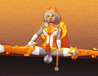 alternative_fashion anthro arm_drapes armor balls clothed clothing dangle_accessory femboy fishnet_undershirt flexible floppy_ears fur genitals glans gloves greaves grey_body grey_fur hair handwear horn legwear leotard male no_underwear orange_clothing orange_eyes orange_glans orange_horn orange_leotard penis solo spread_legs spreading thigh_highs white_clothing white_gloves white_handwear white_legwear white_thigh_highs conditional_dnp gusta gusta_(gusta) bovid caprine goat mammal hi_res
