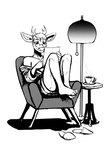 anthro antlers armchair barefoot bathrobe beverage chair clothing eyewear feet footwear furniture glasses horn lamp legs_up male on_armchair reading robe shoes sitting slippers solo tea hladilnik deer_prince deer mammal 2021 hi_res monochrome