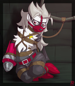 anthro bdsm belt bondage bottomwear bound clothing cybernetic_arm cybernetic_limb female footwear fur grey_body grey_fur mask muzzle_(object) muzzled pants red_eyes restraints rope rope_bondage shoes solo star white_body white_fur zipper radasus bandai_namco digimon digimon_beatbreak digimon_(species) wolvermon 2026 digital_media_(artwork) hi_res