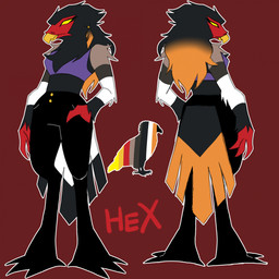 anthro beak breasts claws clothing fancy_clothing female hair long_hair non-mammal_breasts solo text yellow_eyes scarlet-hex hellaverse helluva_boss fan_character accipitrid accipitriform avian bateleur bird eagle snake_eagle 1:1 hi_res model_sheet
