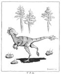 claws feathers feral grass looking_back male plant rock smile solo teeth tree walking phano dinosaur prehistoric_species reptile scalie theropod troodon troodontid hi_res monochrome