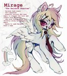 ahoge bloodshot_eyes blue_body blue_fur cross cutie_mark ear_piercing eye_bags fake_wings feathered_wings feathers female feral fur grinning_at_viewer hair hooves long_hair looking_at_viewer multicolored_hair multicolored_tail necktie one_eye_closed piercing rainbow_hair rainbow_tail red_eyes red_necktie smile smiling_at_viewer solo tail text white_wings wings p0nyplanet friendship_is_magic hasbro my_little_pony mythology fan_character mirage_(p0nyplanet) equid equine mammal mythological_creature mythological_equine pegasus character_name digital_media_(artwork) digital_painting_(artwork) english_text hi_res model_sheet painting_(artwork)