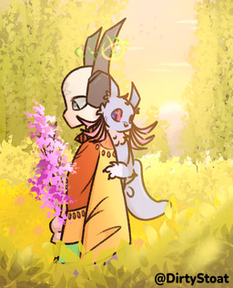 black_nose duo flower frill_(anatomy) gills leaf light plant sun text tree dirtystoat rain_world videocult rivulet_(rain_world) sliver_of_straw_(rain_world) iterator_(rain_world) slugcat artist_name male_(lore)
