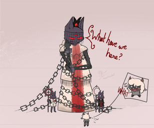 3_eyes ambiguous_gender anthro black_body chain clothed clothing cuff_(restraint) fur group hair half-closed_eyes horn looking_down male multi_eye narrowed_eyes open_mouth red_eyes restraints robe shackles smile smug standing text white_body white_fur wool_(fur) gazaster cult_of_the_lamb massive_monster_(studio) aym_(cult_of_the_lamb) baal_(cult_of_the_lamb) lamb_(cult_of_the_lamb) narinder red_crown_(cult_of_the_lamb) the_one_who_waits bovid caprine domestic_cat felid feline felis mammal sheep 2026 6:5 absurd_res digital_media_(artwork) english_text hi_res signature
