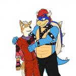 1:1 alternate_color anthro black_bottomwear black_clothing black_pants bottomwear bowser bowser's_brother canid canine clothing crossover digital_media_(artwork) duo fox fox_mccloud fuze gloves handwear hi_res jacket koopa male male/male mammal mario_bros nintendo pants red_clothing red_jacket red_topwear scalie scarf simple_background star_fox topwear white_background