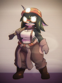 anthro armor belt big_breasts black_body black_fur black_hair boots bottomwear breasts brown_bottomwear brown_clothing brown_pants brown_scarf buckteeth cleavage clothed clothing eyewear female footwear fully_clothed fur glasses gloves hair handwear headgear helmet midriff mining_helmet pants pickaxe plantigrade scarf shoes simple_background solo standing suspenders teeth topwear tube_top white_body white_clothing white_fur white_topwear white_tube_top synthwavefables atlyss ruka_(atlyss) eulipotyphlan mammal mole_(animal) absurd_res colored digital_media_(artwork) full-length_portrait hi_res portrait