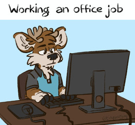 anthro black_clothing black_shirt black_topwear blue_background blue_clothing blue_shirt blue_topwear clothing collared_shirt computer computer_monitor computer_mouse electronics keyboard male mousepad polo_shirt shirt simple_background solo text topwear tinydeerguy darwin_(tinydeerguy) deer mammal english_text hi_res