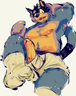 anthro australian blue_body blue_fur body_hair boxers_(clothing) clothed clothing erection erection_through_clothing eyebrows facial_hair fangs feet footwear fur genitals glans holding_head humanoid_genitalia humanoid_penis lying male musclegut muscular nipples open_mouth pawpads peeking_penis penis raised_eyebrow raised_foot simple_background socks solo tail teeth toes underwear underwear_only white_background fisherkitu bluey_(series) bandit_heeler australian_cattle_dog canid canine canis cattledog domestic_dog herding_dog mammal pastoral_dog