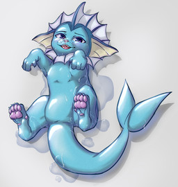 ambiguous_gender bodily_fluids butt featureless_crotch feral fin frill_(anatomy) membrane_(anatomy) membranous_frill null pawpads paws presenting presenting_crotch purple_eyes saliva simple_background solo tail water wet wet_body white_background unknown_artist nintendo pokemon eeveelution generation_1_pokemon pokemon_(species) vaporeon hi_res