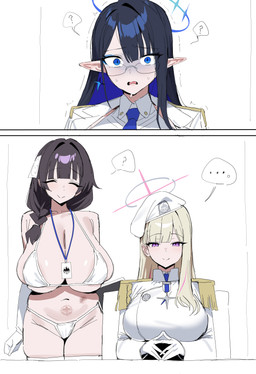 accessory armwear bangs big_breasts bikini black_hair blonde_hair blue_eyes blue_eyeshadow blue_hair blue_necktie blunt_bangs braided_hair breasts brown_hair chair clothed clothing elbow_gloves ellipsis epaulet eyes_closed eyeshadow eyewear female female_human female_humanoid furniture glasses gloves group hair hair_size_difference halo handwear hat headgear headwear huge_breasts humanoid_pointy_ears id_card inside jacket lanyard legwear long_hair looking_at_viewer makeup micro_bikini military_uniform multicolored_hair navel necktie nervous not_furry on_chair open_clothing open_jacket open_topwear pointy_ears pubic_tattoo purple_eyes question_mark shocked shoulder_strap sitting sitting_on_chair skindentation smile smiling_at_viewer speech_bubble swimwear tattoo thigh_highs topwear triangle_bikini trio two-piece_swimsuit two_tone_hair uniform wearing_glasses white_armwear white_bikini white_clothing white_elbow_gloves white_gloves white_handwear white_jacket white_legwear white_swimwear white_thigh_highs white_topwear xipa_(artist) blue_archive nexon blonde_student_council_president rin_(blue_archive) sensei_(blue_archive) elf human humanoid mammal 2026 2koma absurd_res comic digital_drawing_(artwork) digital_media_(artwork) hi_res