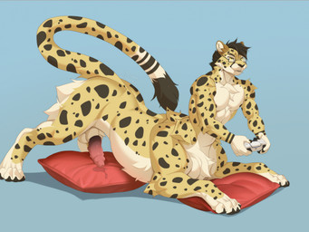 animal_genitalia animal_penis balls bodily_fluids controller erection eyewear feline_genitalia feline_penis fur game_controller gaming genital_fluids genitals glasses male muscular penis pillow precum sheath solo tail wearing_glasses yellow_body yellow_eyes yellow_fur sergaljujube panzica cheetah felid feline mammal taur hi_res