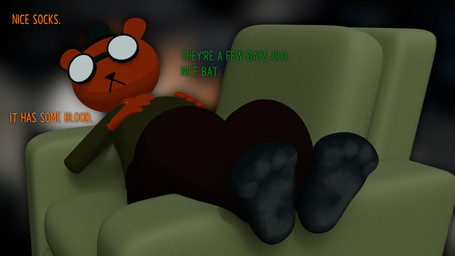 anthro armchair bodily_fluids chair clothing dialogue eyewear feet female footwear furniture glasses male offscreen_character paws resting resting_on_armchair smelly_socks socks solo sweat sweaty_clothing sweaty_footwear sweaty_socks colonthreeguy night_in_the_woods angus_delaney mae_borowski bear mammal 16:9 3d_(artwork) digital_media_(artwork) hi_res widescreen