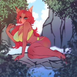 3_eyes 5_fingers accessory anthro big_breasts bikini bikini_bottom bikini_top blue_eyes blush blush_lines breasts cleavage cleavage_overflow clothed clothing cloud ear_tuft female fingernails fingers fishnet_clothing fishnet_topwear forest forest_background fur hair hair_accessory jungle lake lips lipstick long_hair looking_at_viewer makeup mountain multi_eye nails nature nature_background plant red_body red_eyes red_fur red_hair red_lips red_lipstick scrunchie sky solo swimwear topwear tree tuft tufted_fur two-piece_swimsuit waterfall sega sonic_the_hedgehog_(series) candace_the_fox_(jaydiman) fan_character canid canine fox mammal 1:1 hi_res