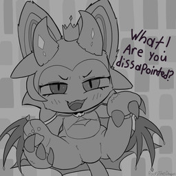 back_wings cape claws clothing crown cute_fangs fangs featureless_crotch headgear horn pawpads paws raised_paw skull_accessory suggestive suggestive_dialogue suggestive_look suggestive_pose taunt taunting teeth wings poofythedragon makemon devilun_(makemon) 1:1 absurd_res hi_res sketch