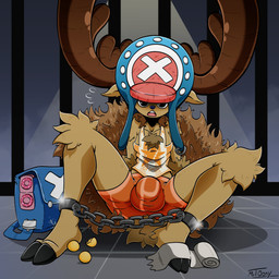 anthro antlers athletic_wear bottomwear bound brown_body brown_fur bulge chain chained chest_tuft clothing condom cuff_(restraint) ears_down fur gym_bottomwear gym_shorts hat headgear headwear hooves horn knee_tuft leg_tuft male open_mouth pivoted_ears restraints sexual_barrier_device shackles shirt shorts sitting sitting_on_ground solo tank_top topwear tuft wide_eyed mrt0ony one_piece tony_tony_chopper tony_tony_chopper_(horn_point_form) deer mammal new_world_deer reindeer 1:1 absurd_res hi_res