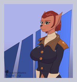 big_breasts blue_background blue_border blue_top border breasts clothing female fur gloves green_eyes hair handwear looking_at_viewer navy_uniform pink_body pink_fur red_hair short_hair shoulder_pads simple_background smile smiling_at_viewer solo tan_clothing tan_gloves tan_handwear wearing_gloves zaraunitymasters disney treasure_planet captain_amelia felid feline mammal digital_media_(artwork) hi_res portrait watermark
