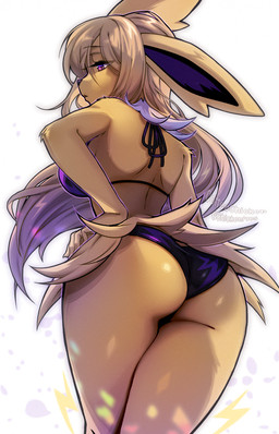 5_fingers anthro biped bra brown_hair butt clothed clothed_anthro clothed_female clothing female fingers fur hair hand_on_hip hand_on_own_hip long_hair panties purple_eyes rear_view simple_background solo standing underwear underwear_only white_background yellow_body yellow_fur coffeechicken nintendo pokemon eeveelution generation_1_pokemon jolteon pokemon_(species) 2026 digital_drawing_(artwork) digital_media_(artwork) hi_res