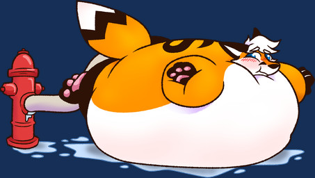 anthro belly belly_expansion big_belly black_body black_fur blue_eyes blush body_expansion body_inflation expansion fire_hydrant fur hair hose hose_in_butt hose_inflation immobile inflation liquid_inflation male orange_body orange_fur solo spherical_inflation tattoo water water_inflation wet white_body white_fur white_hair boycotee canid canine fox mammal red_fox true_fox alpha_channel hi_res
