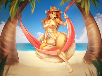 4_toes 5_fingers abs anthro athletic athletic_anthro athletic_female beach big_breasts bio_in_description black_nose breasts clothing feet female fingers fur hair hammock hat headgear headwear hindpaw humanoid_hands muscular muscular_anthro muscular_female navel nipples nude nude_anthro nude_female outdoor_nudity outside palm_tree paws plant red_hair sand sea small_waist smile solo tail tan_body tan_fur thick_thighs toes tree water wide_hips kristiana_puff maryse_rivers canid canine canis mammal wolf hi_res story story_in_description