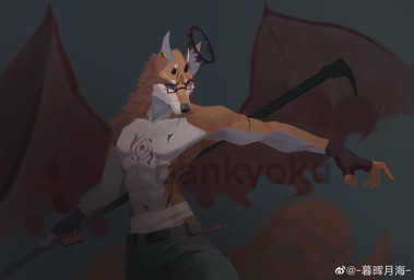 anthro black_nose blue_eyes bottomwear clothed clothing ear_piercing ear_ring front_view fur heterochromia holding_object holding_weapon horn jewelry male male_anthro membrane_(anatomy) membranous_wings mouth_closed navel necklace orange_body orange_eyes orange_fur pants piercing red_wings ring_piercing solo standing topless weapon white_body white_fur wings awaldkize canid canine mammal absurd_res hi_res