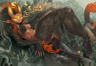 3_eyes 4_ears black_hair bottomless bra breasts brown_body clothed clothing clothing_around_legs feet female fingerless_(marking) food fruit hair leaf leaf_bra leaf_clothing leaf_underwear lying magic multi_ear multi_eye multicolored_body navel on_back orange_hair outside panties panties_around_legs pawpads plant pumpkin solo tail tail_tuft toeless_(marking) tree_bark tuft two_tone_body underwear underwear_around_legs yellow_eyes exobelos ixkan_(exobelos) demon elemental_creature elemental_humanoid flora_fauna humanoid plant_humanoid colored digital_media_(artwork) full-length_portrait hi_res portrait shaded